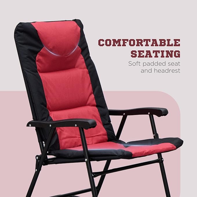 Outsunny 3 Piece Outdoor Patio Furniture Set with Glass Coffee Table &amp 2 Folding Padded Rocking Chairs Bistro Style for Porch Camping Balcony Red