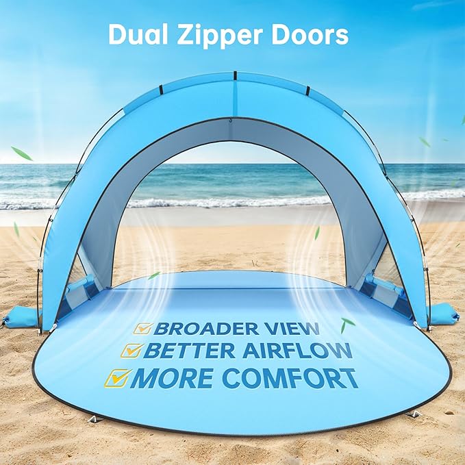 Beach Tent Sun Shelter Sun Shelter for 1-4 Person Beach Shade Tent Beaches Shade with 2 Zippered Doors Portable Tents for Camping Fishing Blue