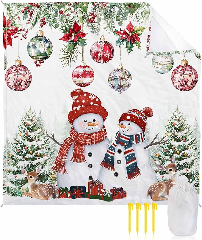 Beach Blanket Waterproof Sandproof OversizedSnowman Elk Christmas Tree Beach Mat with Corner Stakes Sand PocketsRed Poinsettia Xmas Ornaments Outdoor Picnic Mat for Travel Camping Hiking118x108In