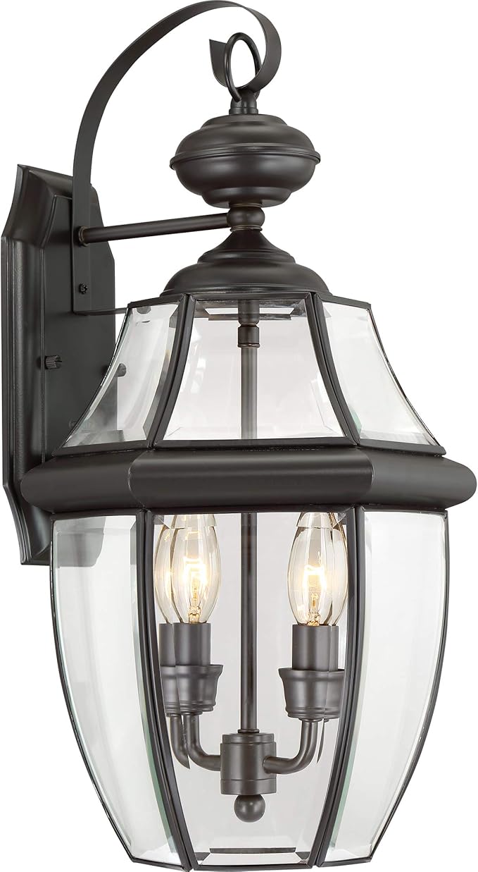 Quoizel Newbury 20 Outdoor Wall Lantern 2-Light Medici Bronze with Clear Beveled Glass E12 Base French Country Style