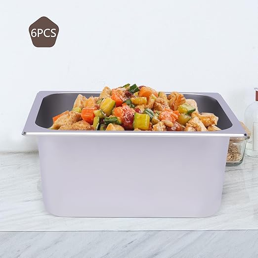 6 Pack Hotel Pans 6 Deep Stainless Steel Steam Table Pan Restaurant Steam Table Plate Commercial Food Storage Containers for Hotel Cafeteria Party 12.99 L x 10.24 W