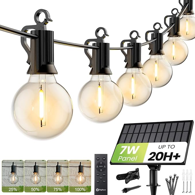 Brightown 208FT Solar String Lights Outdoor Waterproof with Remote Solar Patio Lights with 100 Shatterproof LED Bulbs 3 Light Mode Dimmable &amp Timer Hanging String Lights for Porch Garden Bistr