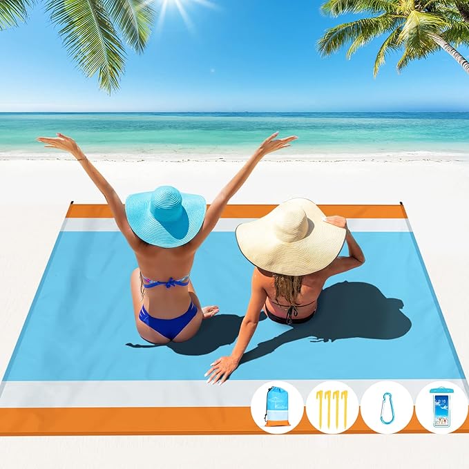 Beach Blanket Oversized Extra Large 10'X 9'Waterproof Sandproof Beach Blanket 2-8 Adults Lightweight Durable for Travel Camping Hiking Picnic (10'X 9' Orange&ampBlue)