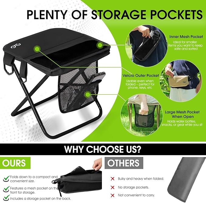 Camping Stool Upgraded FoldableStool Aluminum Alloy Bracket 6 Ways to Carry Portable outdoorfolding Chair with Pocket for Queuing FishingHiking Tours BBQ Parties Outdoor Camping Accessories