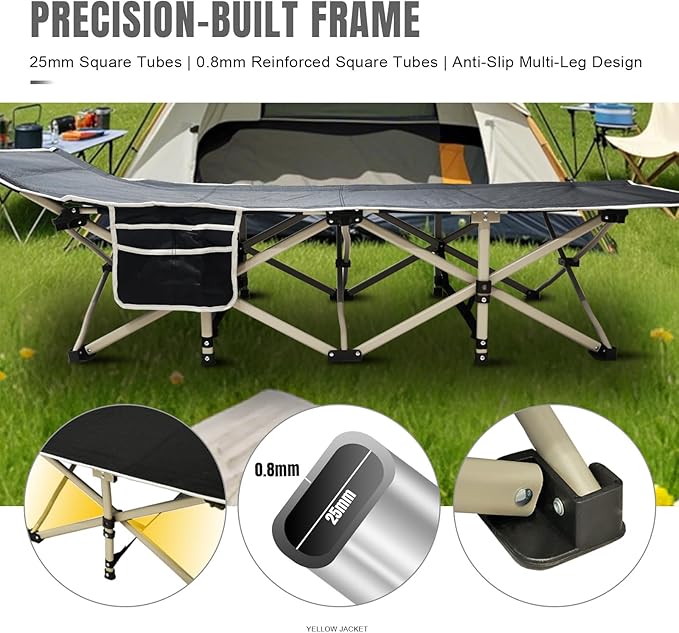 YELLOW JACKET Camping Cot with Mattress for Adults Folding Sleeping Cot 600lbs Max Load Portable Camping Cot with Carry Bag 28 Wide Cot for Camping HomeOfficeTravel (Black)