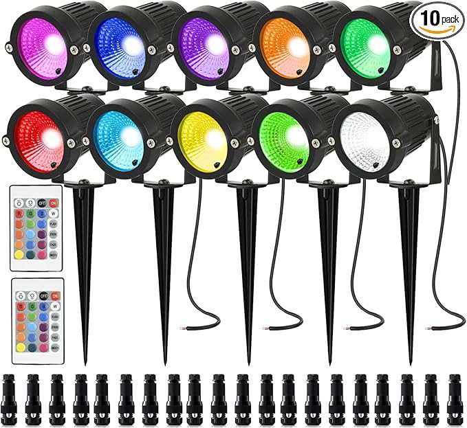 RGB Halloween Low Voltage Landscape Lights Color Changing 5W LED Landscape Lighting Outdoor Waterproof Remote Control for Garden Pathway Christmas Decorative Lighting 10 Pack with Connector