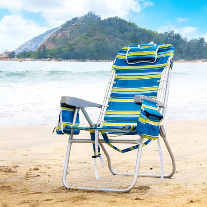 Romswi Tall Beach Chair for Adults 17 High Seat Backpack Beach Chair with Cooler Bag Cup &amp Phone Holder 5-Position High Back Reclining Chair with Towel Bar &amp Zipper Pocket Blue Stripes