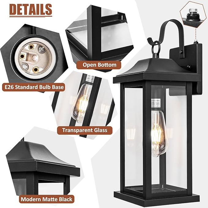 Dusk to Dawn Large Outdoor Wall Light 17 Inch Exterior Light Fixture Porch Light with Tempered Clear Glass IP65 Waterproof Anti-Rust Outside Wall Sconce Matte Black Wall Lantern 1-Pack
