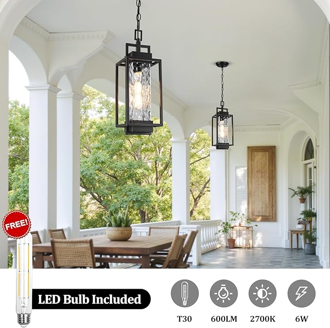 BesLowe 15” Outdoor Pendant Light with LED Bulb Modern Hanging Lantern Light for Outside with Water Ripple Glass Black Exterior Pendant Lighting Fixture Outdoor Chandelier for Front Porch Gazebo