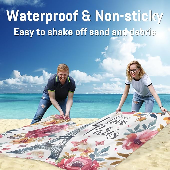 Waterproof Sandproof Beach Blanket 59''×68'' Paris Polyester Outdoor Picnic Blanket with 4 Stakes &amp Storage Bag for BeachCampingVacation White &amp Red