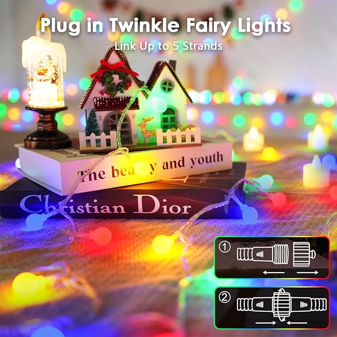 LORRYTE Connectable 100LED Globe String Lights Indoor Outdoor - 43FT Multicolor String Lights with Remote 8 Modes Fairy Light Plug in Waterproof for Classroom Party Decorations Bedroom Decor