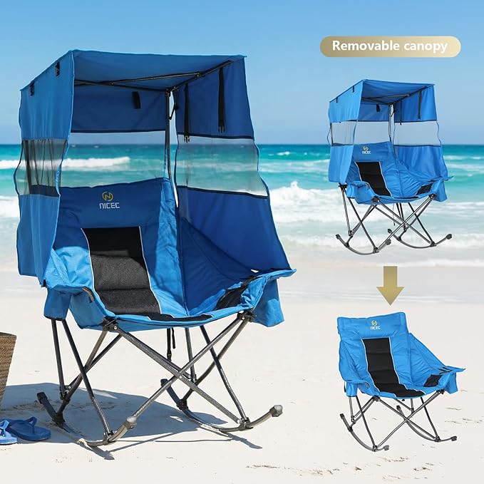 Nice C Rocking Camping Chair with Canopy XL Oversized Folding Rocker for Adult Outdoor Umbrella Chairs with Shade with Cup Holder Cooler Bag Carry Bag for Sports Patio Backyard (1 Pack Blue)