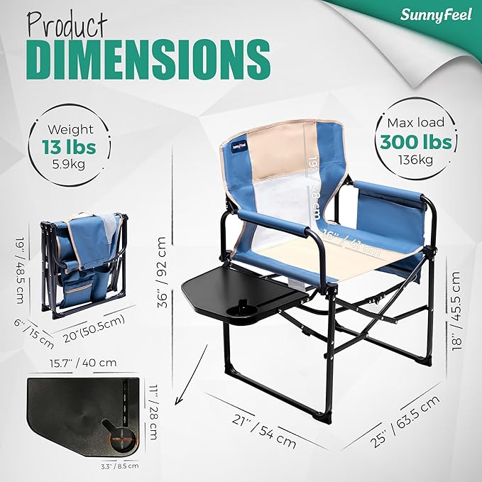 SUNNYFEEL Camping Directors Chair Heavy DutyOversized Portable Folding Chair with Side Table Pocket for Beach FishingTripPicnicLawnConcert Outdoor Foldable Camp Chairs