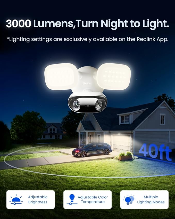 REOLINK Elite Floodlight WiFi with Plug-in Power Cable 4K 8MP 180° Panoramic Floodlight Camera Adjustable 3000 Lumens Spotlights AI Video Search Dual-Band Wi-Fi 6 24/7 Recording No Monthly Fees