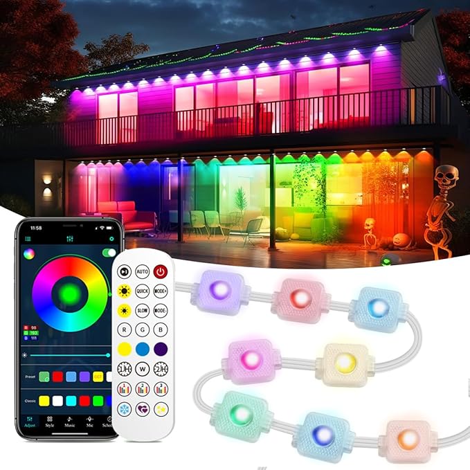 Permanent Outdoor Light100ft with 72 LED Eaves LightsSmart RGB Outdoor Lights with 75 Scene ModesIP67 Waterprooffor Halloween DecorationsChristmasPartywith App and Remote