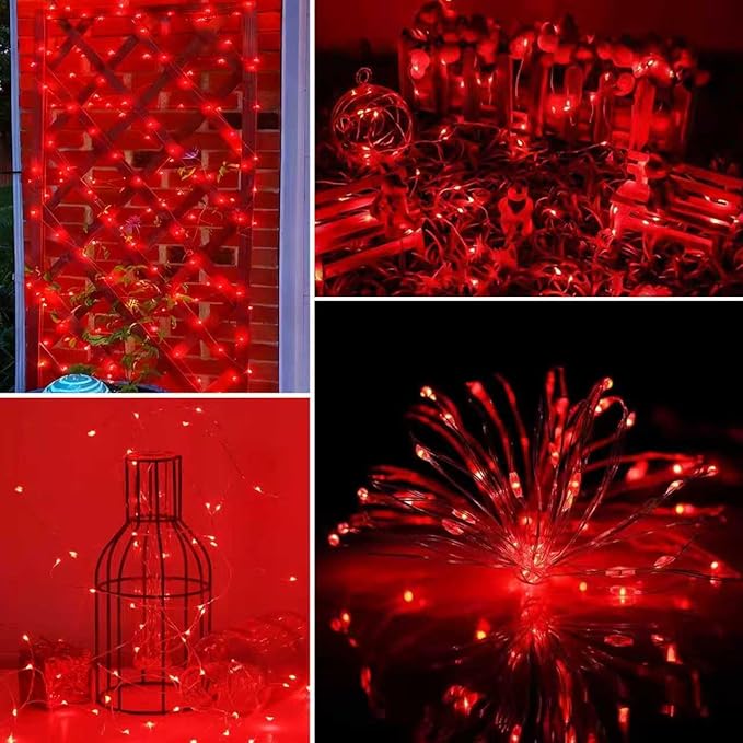 YEGUO 4 Pack Red Solar Fairy Lights Each 33ft 100 LED Valentines Lights Outdoor Waterproof 8 Modes Sliver Wire Solar Christmas String Lights