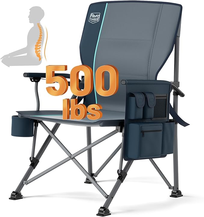 Timber Ridge Oversized Folding Camping Chair with Lumbar Support Adjustable High Back Heavy Duty for Adults Support up to 500lbs with Cup Holder Cooler Bag Side Pocket Blue