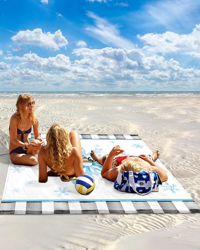 Beach Blanket Waterproof Sandproof OversizedBlue Snowflake Merry Christmas Beach Mat with Corner Stakes Sand PocketsWinter Snow Checker Outdoor Picnic Mat for Travel Camping Hiking 95x80In
