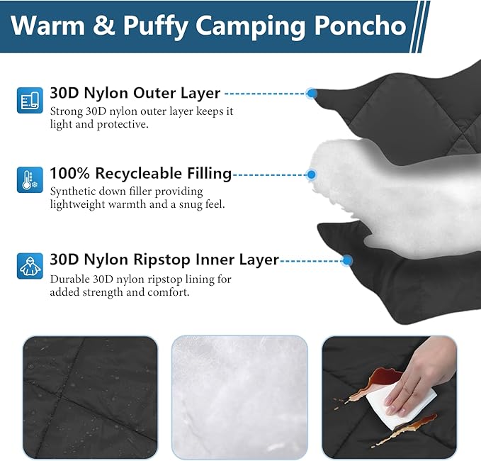 Camping Outdoor Blanket Ultralight Down Alternative Printed Travel Camp Blankets for Sleeping Packable Waterproof Puffy Quilt for Hammock Picnic Stadium Beach Cold Weather (Black Blanket Poncho)