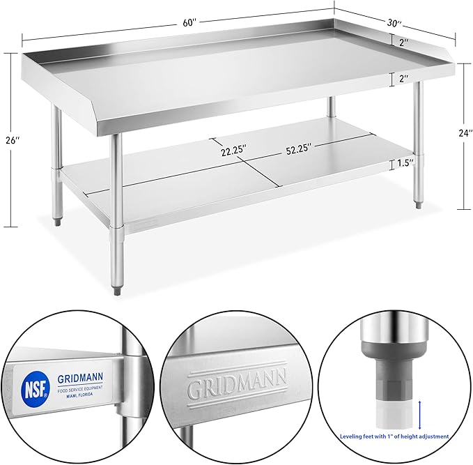 GRIDMANN NSF 16-Gauge Stainless Steel 60 L x 30 W x 24 H Equipment Stand Grill Table with Undershelf for Commercial Restaurant Kitchen