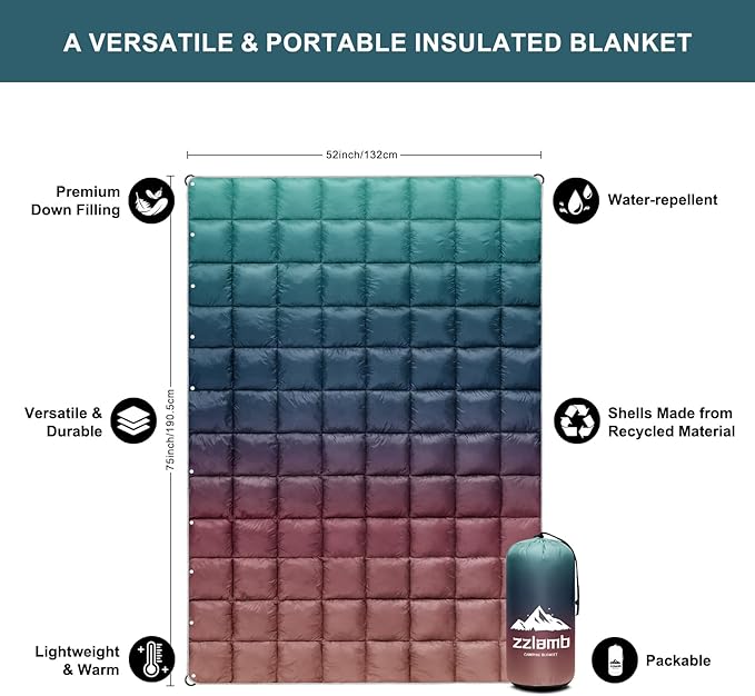 zzlamb Puffy Down Camping Blanket Water-Repellent Down Throw Travel Blanket Portable for Outdoor Light Warm Quilt for Couch Plane Car Theater Stadium Picnic RV Backpacking Hammock