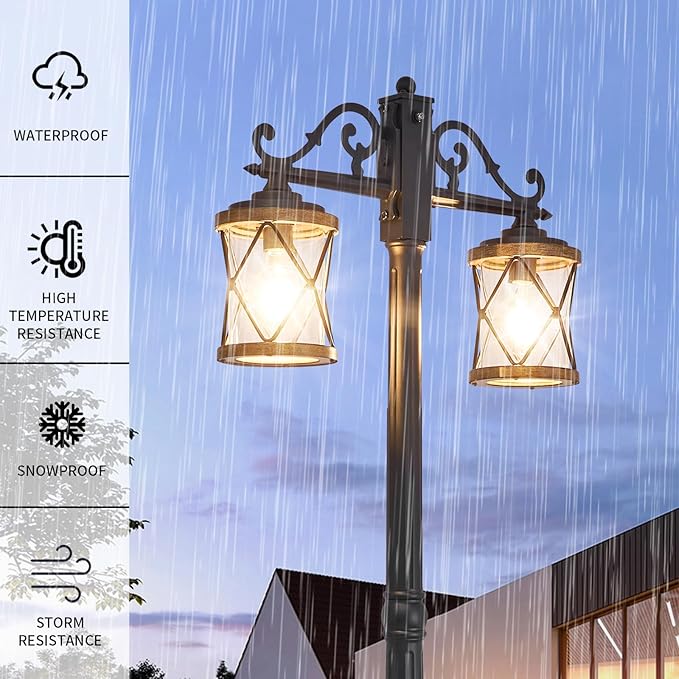 Dusk to Dawn Outdoor Lamp Post Lights with GFCI OutletDouble-Head Farmhouse Street Light FixtureAluminum Black Pole Exterior Lights Waterproof Lantern Outdoor Lighting (Heighten)