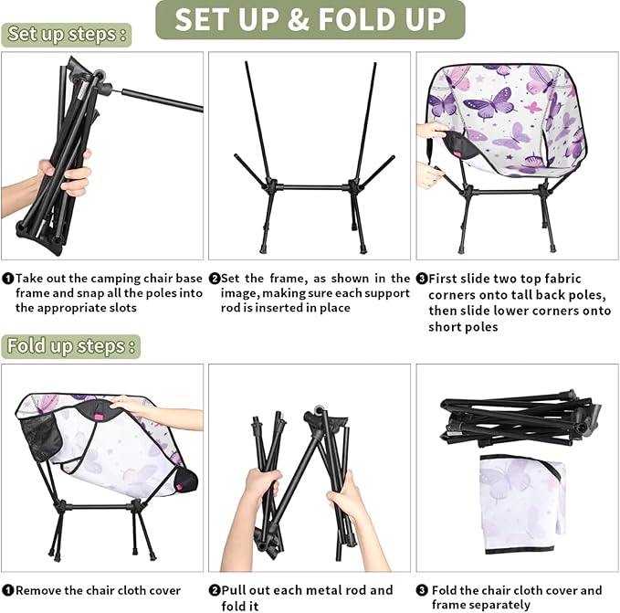 Honeybaby Folding Camping Chair Butterflies Stars Camping Chairs Lightweight Portable Chair Outdoor Foldable Chairs for Camping Travel Picnic Beach Hiking