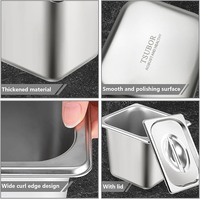 6 Set Stainless Steel Hotel Pans 1/6 Size 6 Inch Deep With Lids Anti-Jam Chafing Steam Table Pans Catering Food Storage Metal Pan