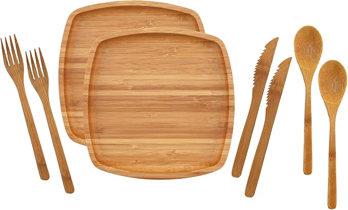 BambooMN Camping Mess Kit Lightweight Organic 8 x 8 Bamboo Plates Forks Knifes and Spoons for Camping Hiking or Backpacking - 10 Sets