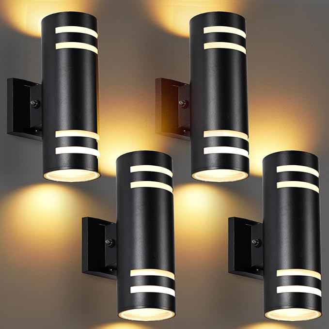 Dusk to Dawn Wall Light 4 Pack Modern Outdoor Wall Lights with LED Bulbs Cylinder Black Porch Light Fixture Wall Mount Up and Down Lighting Outdoor Wall Sconce for House Porch Door