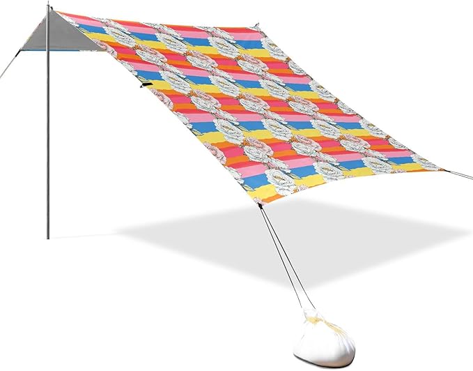 ALAZA Rose Flower Floral Stripes Beach Tent Sun Shelter UPF50+ Protection Beach Shade Canopy w/ 4 Sandbags for Outdoor Camping Fishing Backyard Fun Picnic 10x9 ft