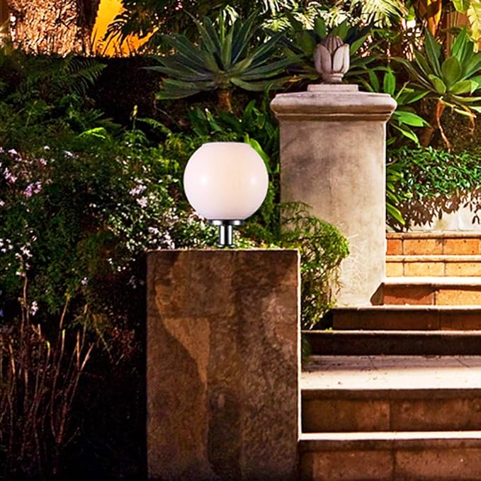 200MM Led Solar Post Light Outdoor Round Ball Landscape Light for Exterior House Garden Yard Patio Fence Deck White Random Base