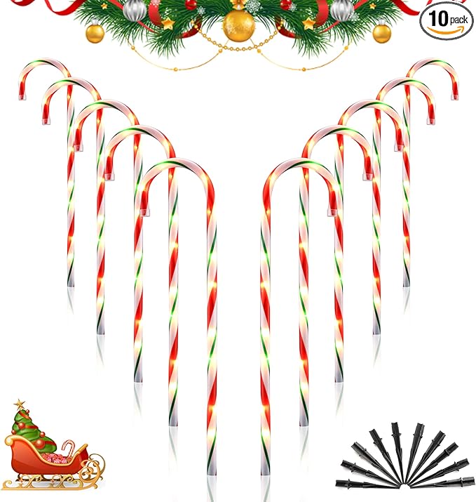 J-HVA 26 Christmas Decorations Outside Candy Cane Lights Set of 10 Pack Landscape Path Lights for Yard Patio Garden Walkway Festival Holiday Red &amp Green