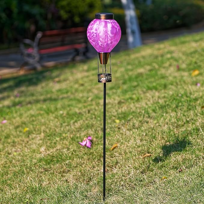 Solar Garden Lights Outdoor with Hot Air Balloon Stake Garden Lights Solar Waterproof Flickering Lantern Lawn Pathway Patio Decor(Purple)