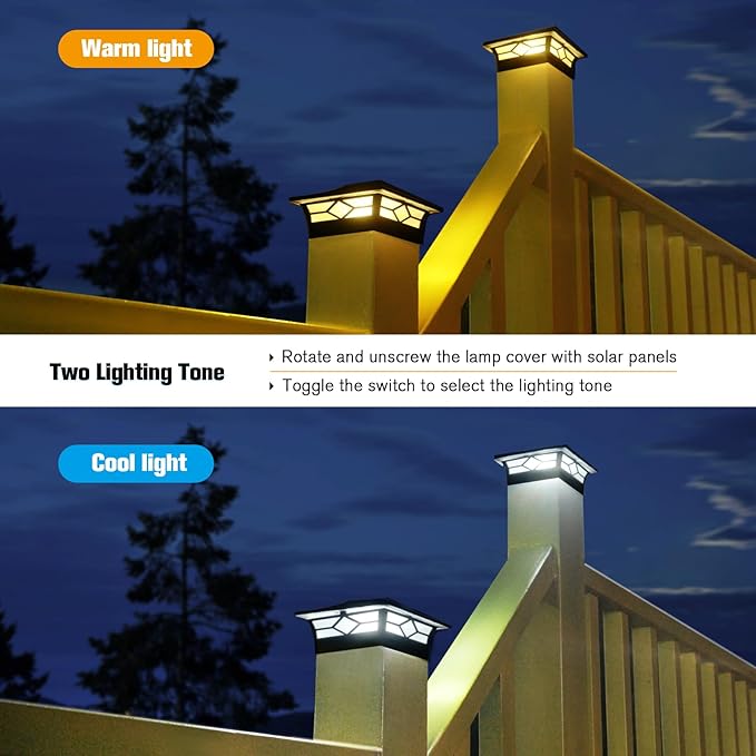 Solar Post Cap Lights Outdoor 4pack Waterproof Solar Powered Deck Fence Post Lights for 4x4 Wood/Vinyl Posts Solar Outdoor LED Light with Cool/Warm Lighting Decorate Garden Patio Porch…