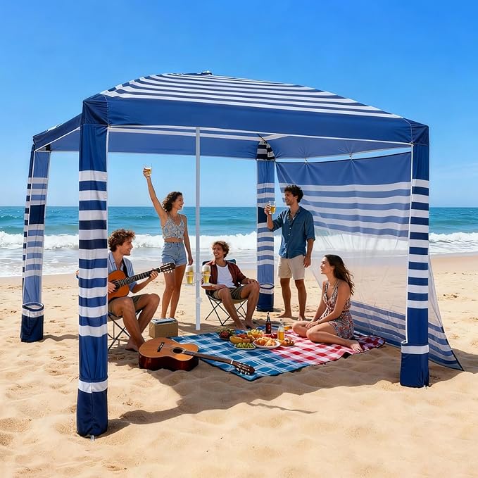 VEVOR Beach Cabana 8 x 8 ft Beach Canopy with Side Wall UPF 50+ Protection Easy Setup Cabana Tent with Sand Pockets Adjustable Height Portable Shade Sun Shelter Umbrella for Family Navy Stripes