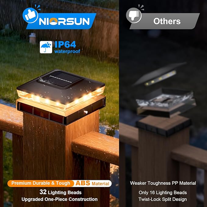 NIORSUN Solar Post Cap Lights Outdoor Waterproof 2 Lighting Modes 4x4 Post Solar Lights Fence Posts Solars Light for Deck Patio Garden Decoration 4x4 Posts Caps Wood Vinyl 12 Pack (Black)