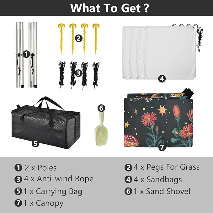 Mushrooms and Flowers Beach Tent Sun Shelter 9.2' x 10.5' Beach Canopy with 4 Sandbags 4 Stability Poles Sand Shovels - Tent Canopy for Beach Camping Fishing Picnics