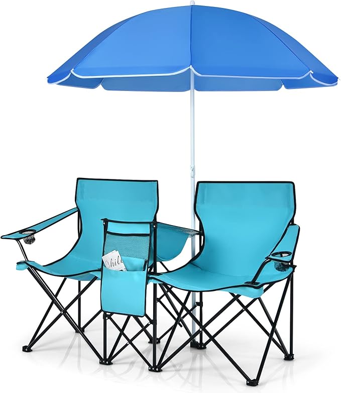LUARANE Folding Double Camping Chair Outdoor Picnic Chairs w/Removable Umbrella Mini Table Cup Holder &amp Carrying Bag Portable Camping Loveseat for Patio Pool Lawn Beach Park (Turquoise)