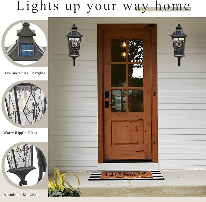 Solar Exterior Front Porch Light with Water Ripple Handmade Solder Glass Dusk to Dawn Solar Sconce Lights Outdoor 20.9 Inch Height Large Size Waterproof Include Remote Control and LED Bulb