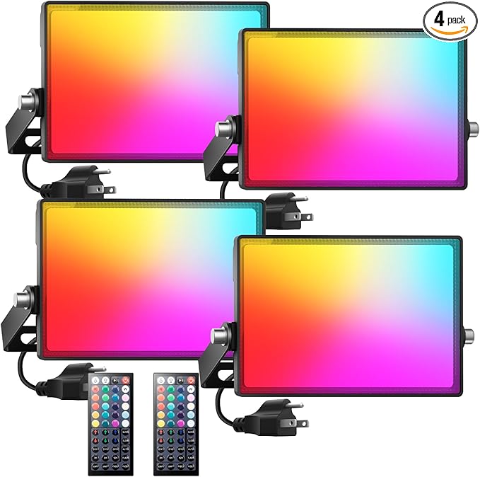 Onforu LED Flood Light Outdoor 1000W Equivalent 150W Color Changing RGBW Floodlight with Remote Stage Lights Uplights for Events IP66 Uplighting Spotlight Floor Strobe Light for Christmas 4 Pack