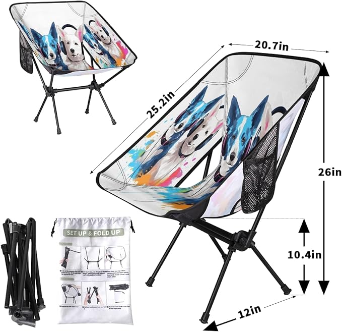 Animal Dog Pattern Camping Chair Lightweight Portable Chairs for Adults Easy Installation Outdoor Foldable Camping Chair for Camping Fishing Hiking Picnic Beach