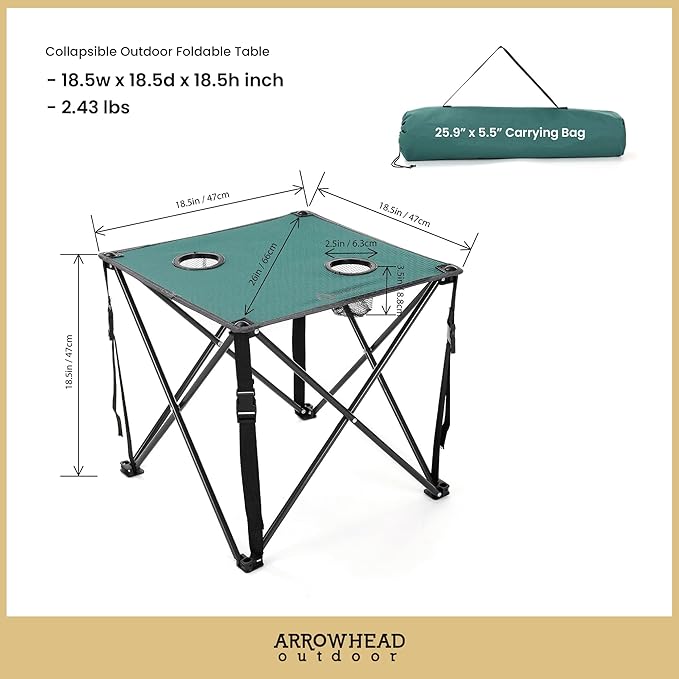 ARROWHEAD OUTDOOR 26” (66cm) Portable Camping Folding Table 2 Cup Holders Square Carrying Case Steel Frame High-Grade 600D Canvas