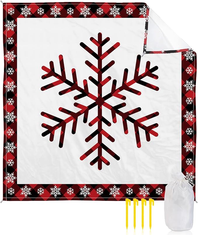 Beach Blanket Waterproof Sandproof Winter Snowflake Christmas Snow Red Buffalo Plaid Quick Drying Beach Mat with 4 Stakes Black Grid White Back Lightweight Picnic Blanket for Travel Camping 83x79