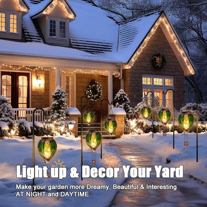 Solar Powered Hot Air Balloon Lantern - Reindeer Glass Lantern Simulated Flickering &amp Dancing Flame Outdoor Hanging Yard Light Waterproof IP65 for Patio Lawn Porch Christmas Decor Gift