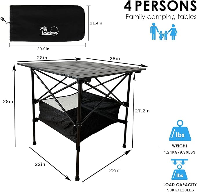 LEADALLWAY Folding Camping Table with Large Storage and Carrying Bags28x28x28inchs