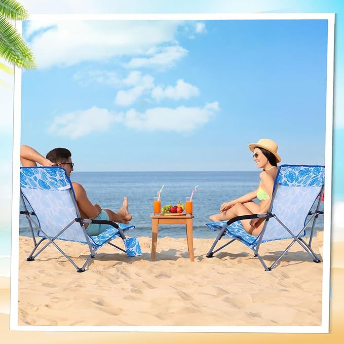 Karenhi 2 Pack Beach Chair Foldable Reclining Portable Lightweight Chair for Adults Camping Concert Lawn Sand Outdoor (Blue Leaves)