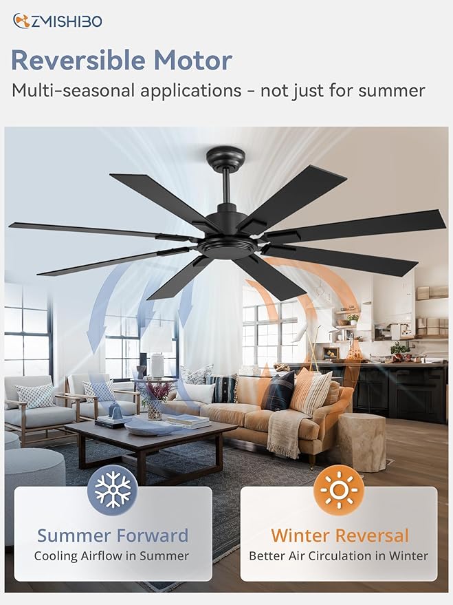 62 Inch Ceiling Fan No Light with Remote Control 8 Blades Quiet DC Reversible Motor 6-Speed Timer Black Finish Indoor Outdoor Ceiling Fans for Patios Living Room Garage