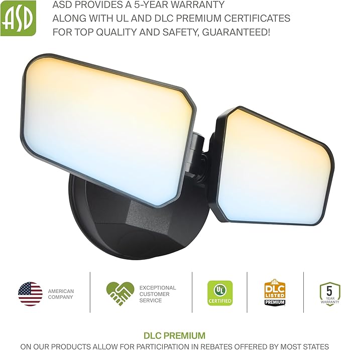 ASD LED Security Flood Lights Outdoor 20W 5CCT 2700K-5000K Rotatable Heads Wired Flood Light 150° Side-to-Side 180° Up and Down IP65 for Wet Locations UL DLC Premium 145000 hr Lifespan Black