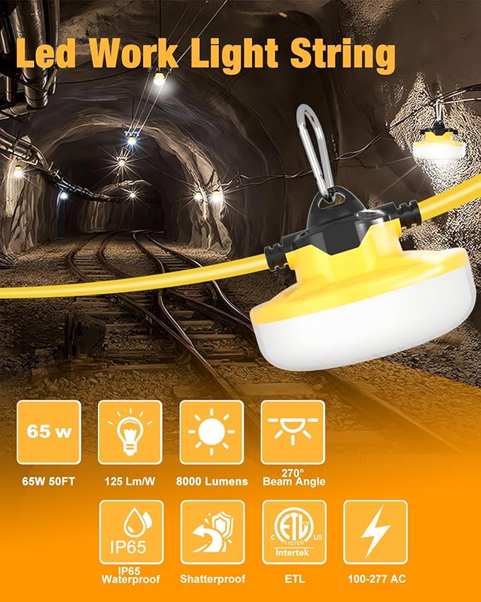 LED Construction String Light 50FT 65W 8000Lm Industrial LED String Work Lights with 5 Bulbs 5000K Linkable Work Lights Temporary Lighting for Construction Site Job Site Attic Crawl Space